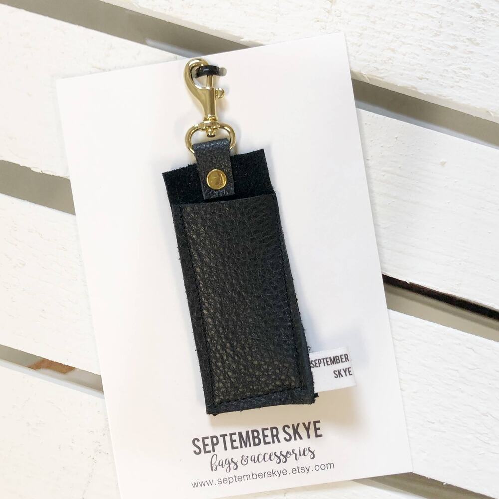 Genuine Leather Lip Balm & Lipstick Holder Keychain — Black